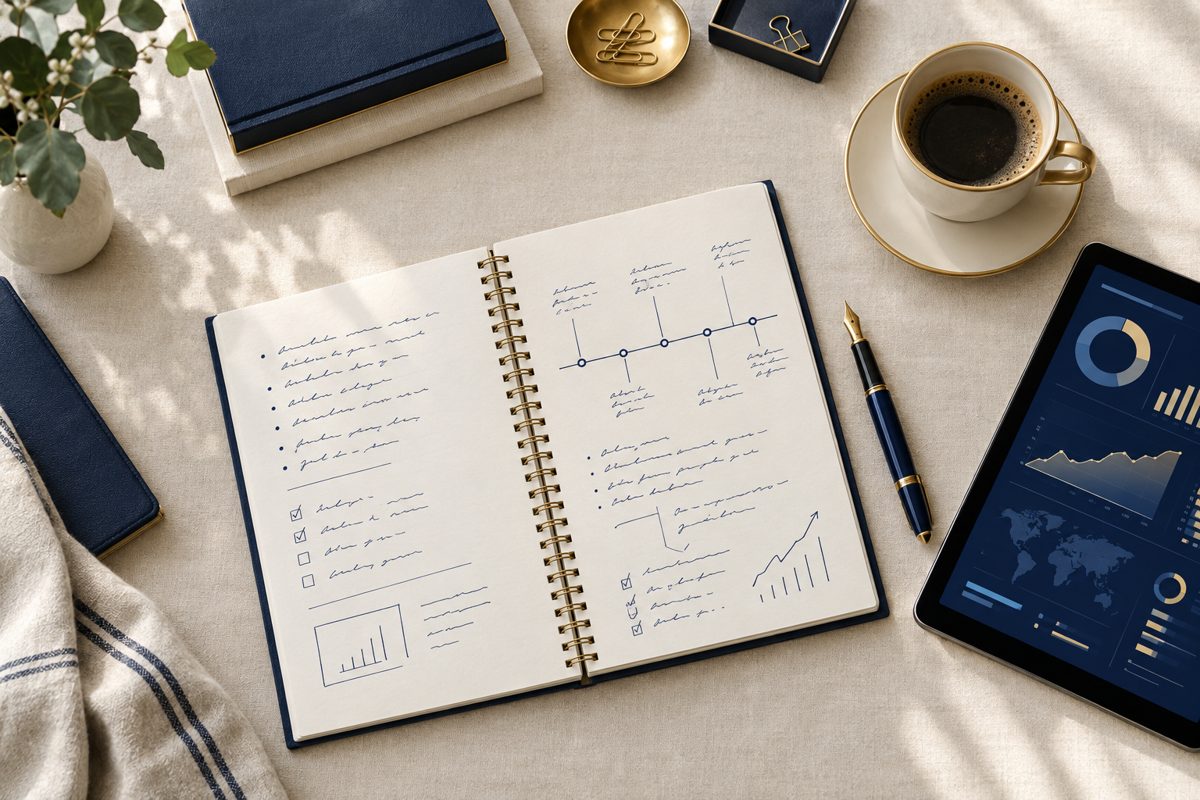 An open workbook with handwritten notes and a timeline beside a tablet and coffee